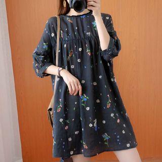 Elbow-sleeve Floral Print Mini A-line Dress Black - One Size