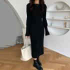 Long-sleeve Plain Ruched Dress Black - One Size