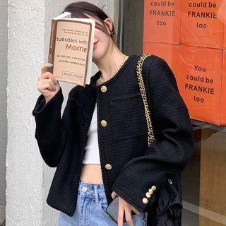 Plain Button-up Tweed Jacket