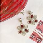Cut-out Flower Faux Pearl Gemstone Drop Earring 1 Pair - Silver Needle - Silver & Dark Wine Red - One Size