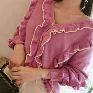 Contrast-trim Frilled Cardigan