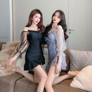 Mesh Panel Off-shoulder Bell-sleeve Swim Dress