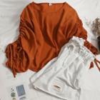 Set: Elbow-sleeve Drawstring Top + Shorts Top - Light Brown - One Size / Shorts - Off-white - One Size