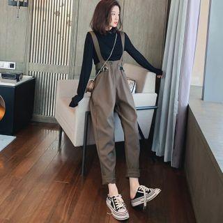 Set: Mock Neck Plain T-shirt + Buckled Baggy Jumper Pants