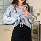 V-neck Drawstring Knit Top Light Blue - One Size