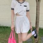 Short-sleeve Contrast Trim Knit Top / Pleated Mini A-line Skirt