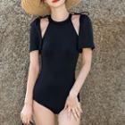 Set: Halter Plain Swimsuit + Short-sleeve Shrug