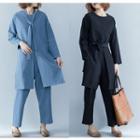 Set: Long-sleeve Slit-front Oversized Top + Pants