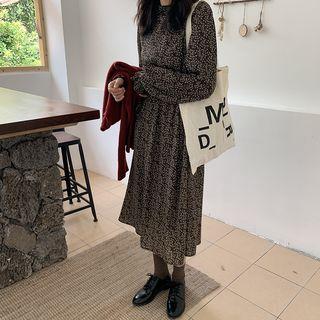 Long-sleeve Midi Floral A-line Dress Black - One Size