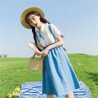 Ruffle Trim Short-sleeve Shirt / Plain Suspender Dress
