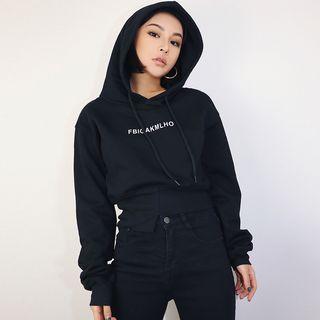 Embroidered Asymmetric Hooded Crop Pullover