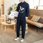 Set: Crane Embroidered Chinese Knot Button Top + Pants
