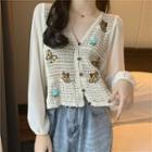 Butterfly Embroidered Knit Panel Blouse