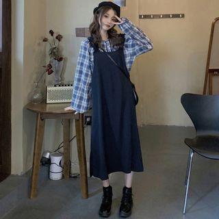 Puff-sleeve Plaid Blouse / Midi Overall Dress