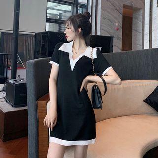 Short-sleeve Contrast-trim Knit Polo Dress Black - One Size