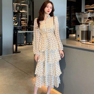 Dotted Long-sleeve Midi A-line Dress White - One Size
