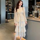 Dotted Long-sleeve Midi A-line Dress White - One Size