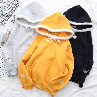 Furry-trim Rabbit Embroidered Hoodie