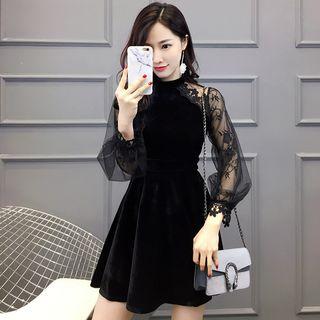 3/4-sleeve Mesh Panel Mini A-line Velvet Dress