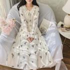 Puff-sleeve Floral Print Midi Chiffon Dress