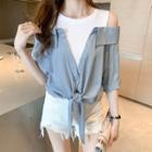 Mock Two-piece Elbow-sleeve Cold Shoulder Tie-front Chiffon Blouse