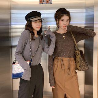 Plain Long-sleeve Slim-fit Top / High-waist Pants