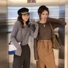Plain Long-sleeve Slim-fit Top / High-waist Pants