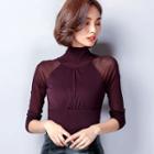 Long-sleeve Turtleneck Mesh Panel T-shirt