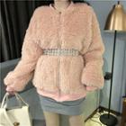 Lace Panel Long-sleeve Sheath Mini Dress / Furry Jacket