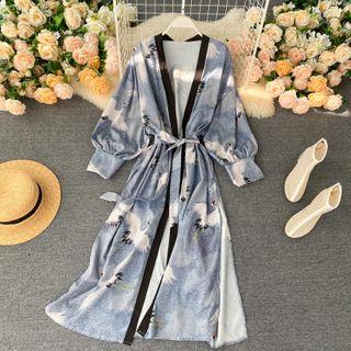 Crane Print Tie-waist Jacket Crane - One Size