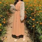 Drawstring-waist Long-sleeve Midi A-line Dress Tangerine - One Size