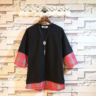 Mock Two-piece Plaid 3/4-sleeve T-shirt