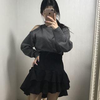 Mock-turtleneck Cutout Plain Knit Sweater