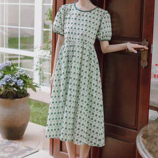 Puff Sleeve Open Back Floral Print A-line Dress