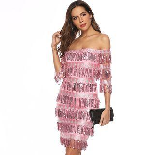 Elbow-sleeve Fringed Dress
