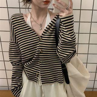 Striped V-neck Cardigan Striped - Khaki & Black - One Size