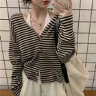 Striped V-neck Cardigan Striped - Khaki & Black - One Size