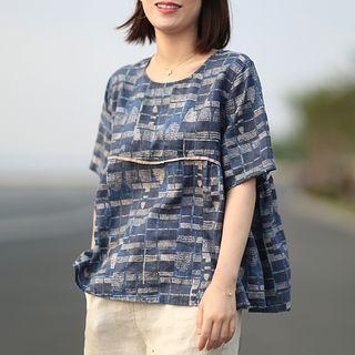 Printed Short-sleeve Top Plaid - Blue - One Size