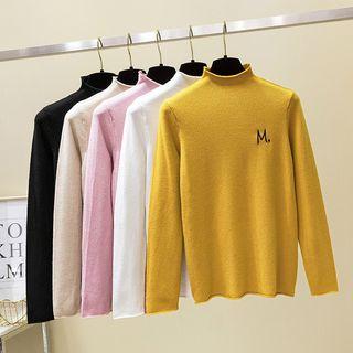 Mock-neck Long-sleeve Letter Embroidered Knit Top