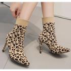 Pointy Toe Leopard Print High Heel Knit Short Boots