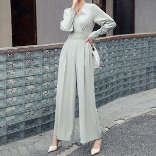 V-neck Plain Wide-leg Jumpsuit