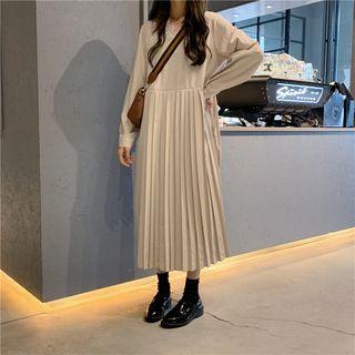 Lace Trim V-neck Long-sleeve Accordion Pleat Maxi Dress Off White - One Size