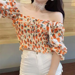 Elbow-sleeve Strawberry Print Blouse Orange Strawberries - Light Yellow - One Size