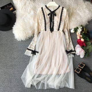 Set: Long-sleeve Lace Panel Midi Mesh Dress + Spaghetti Strap Dress