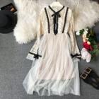 Set: Long-sleeve Lace Panel Midi Mesh Dress + Spaghetti Strap Dress