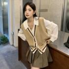 V-neck Knit Vest + Long-sleeve Plain Shirt