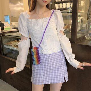 Off-shoulder Frill Trim Button-up Top