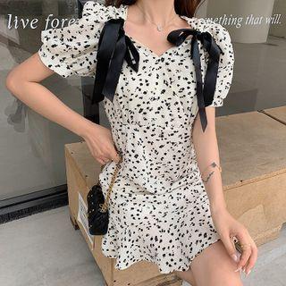 Puff-sleeve Floral Print Bow-accent Mini A-line Dress