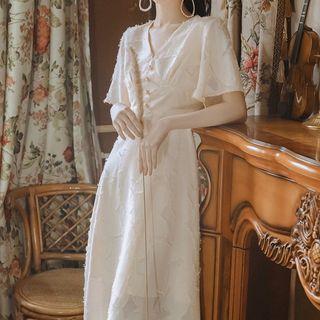 Short-sleeve V-neck Fringed Midi Dress