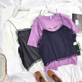 Set: Dotted Lace Spaghetti Strap Top + Short-sleeve T-shirt